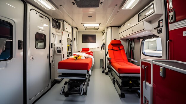 Photo interior of a emergency vehicle modern accident ambulance mock up with nobody