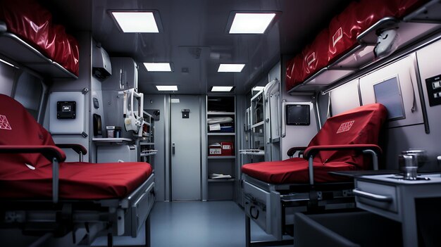 Photo interior of a emergency vehicle modern accident ambulance mock up with nobody