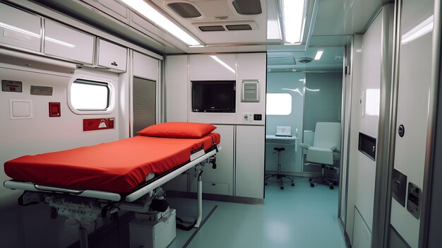 Foto interno di un veicolo di emergenza moderna ambulanza d'incidente simulato con nessuno