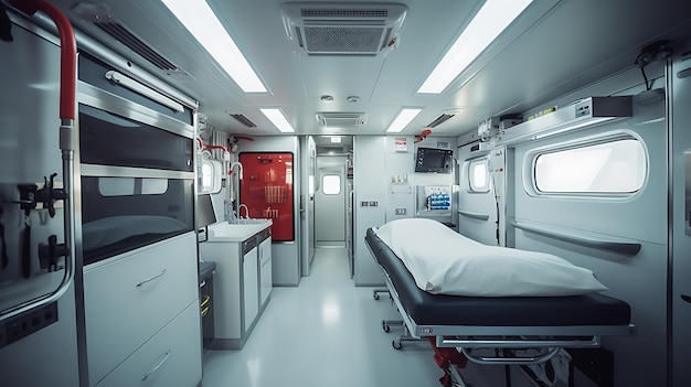 Foto interno di un veicolo di emergenza moderna ambulanza d'incidente simulato con nessuno
