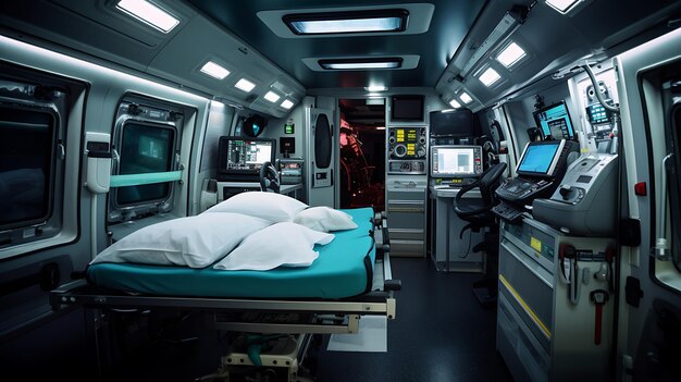 Interno di un veicolo di emergenza moderna ambulanza d'incidente simulato con nessuno