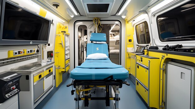 Photo interior of a emergency vehicle modern accident ambulance mock up with nobody