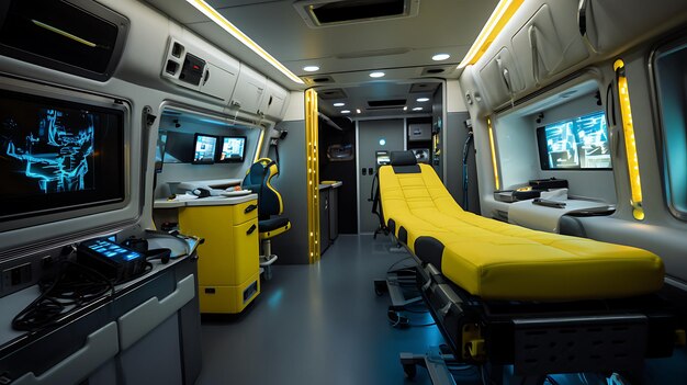 Photo interior of a emergency vehicle modern accident ambulance mock up with nobody