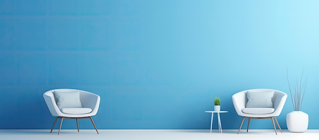 현대적인 파란색과 흰색 의자가 있는 빈 파란색 방의 내부는 최소한의 공간을 제공합니다.