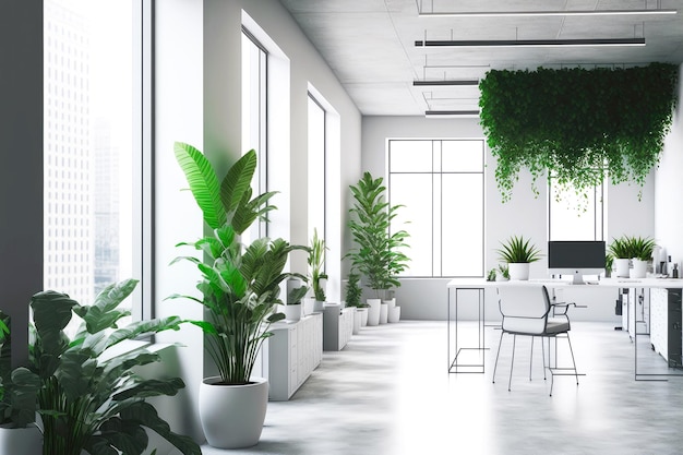 Interior of empty bright city office is made in minimalist style with large workplaces and green pla