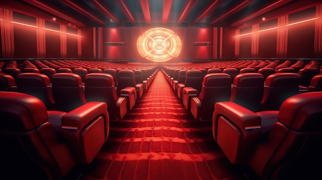 Interior of empty cinema with rows of red seats Generative AI