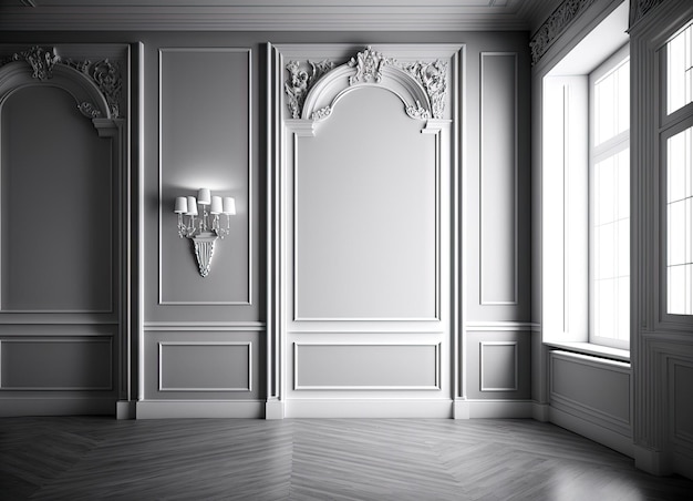 Интерьер пустой роскошной комнаты с белым деревянным полом и декоративными лепными украшениями на стенах