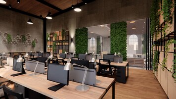 Interior empty modern loft office open space modern office footagemodern open concept lobby and reception area meeting room design 3drendering