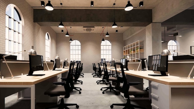 Interior Empty Modern Loft Office open space modern office footageModern open concept Lobby and reception area meeting room design3d Rendering