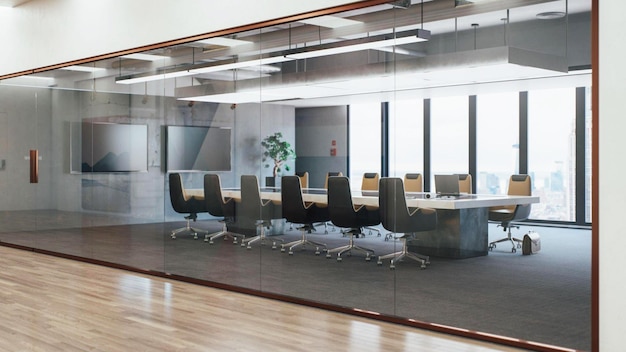 Interior of an empty modern meeting room with cityscape view