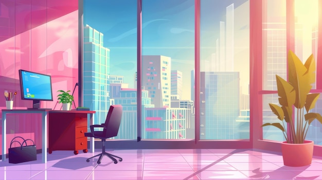 Interior of an empty office or apartment room with a large window and view of modern skyscrapers Cartoon modern illustration of a clean pink house interior on a sunny day The urban landscape is