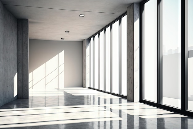 Interior of an empty office lobby with a large window and concrete walls and floors Mock up of a city perspective