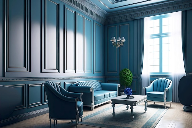 Interior of empty office room in blue tones with moldings on walls and blue upholstered furniture