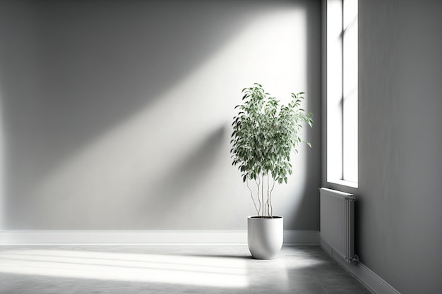 Photo interior of an empty room with a gray stucco wall a white wooden floor and a plant pot