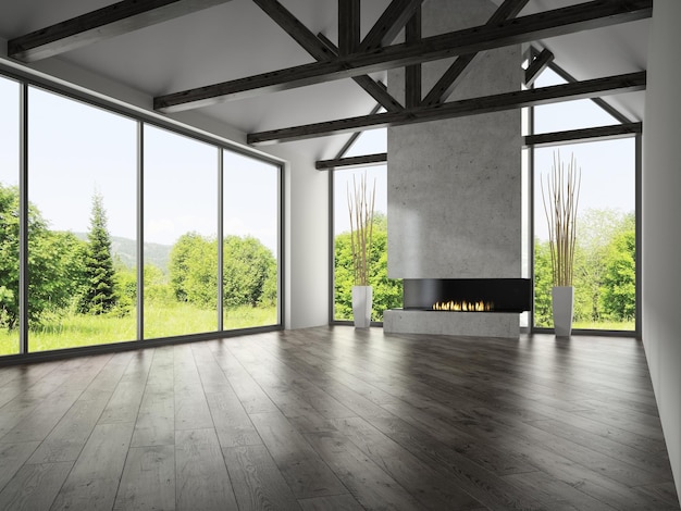 Interior empty room with rafters and fireplace 3D rendering 4