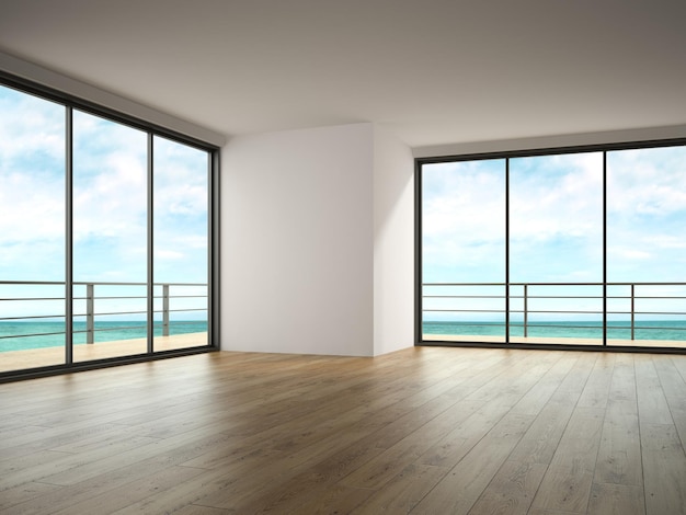 Interno della stanza vuota con vista mare rendering 3d