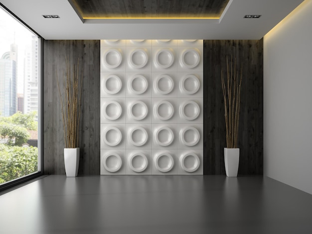 Interior of empty room with wall panel and branches 3D rendering