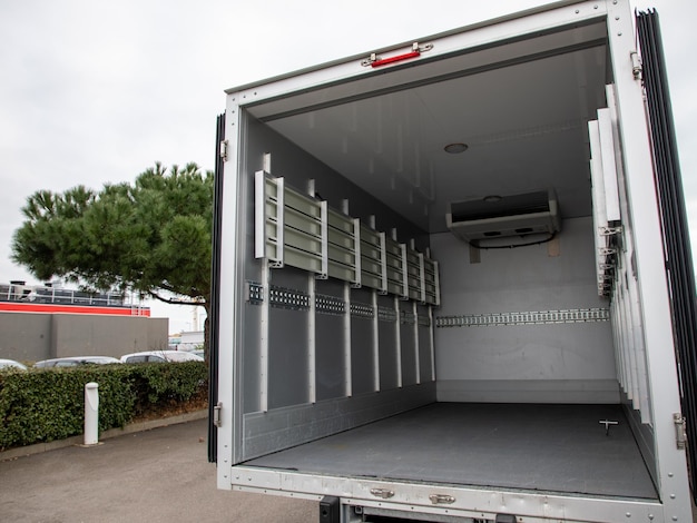 Interno di un camion vuoto con entrambe le porte aperte grigio vuoto posto piccolo veicolo