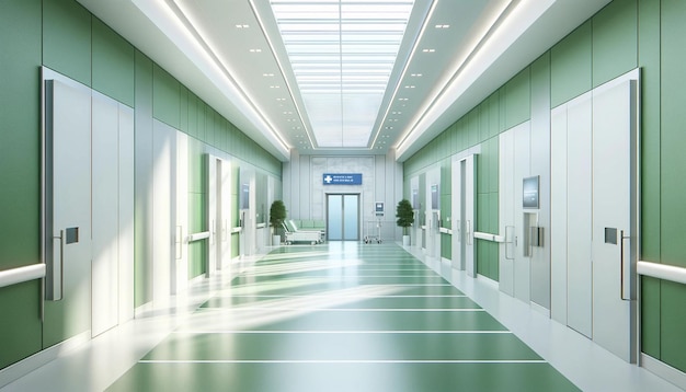 Interior of an empty white hallway in a modern bright hospital with green walls the scene should