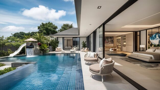 Внутренний и внешний дизайн роскошной виллы с бассейном, дома, бассейна с спальней