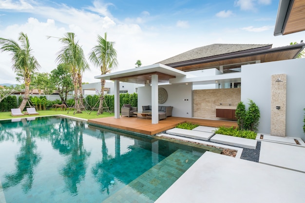 Interior and exterior of pool villa with swimming pool 