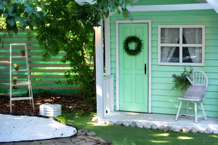 Interior facade green wooden porch home with garden furniture