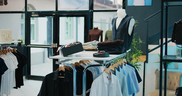 interior of fashionable boutique with new collection on hangers