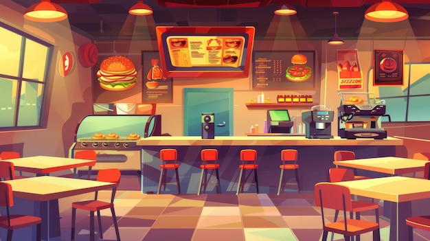 The interior of a fast food restaurant featuring tables and chairs a menu board a coffee machine an oven a cash register on the counter burgers on the shelf and posters on the walls