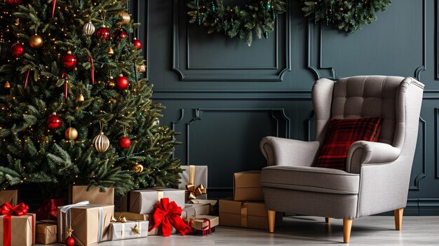 Interior of festive living room with grey armchair and gift boxes under Christmas Generative Ai