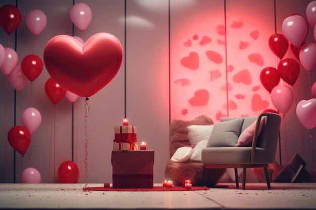 Photo interior of festive room decorated for valentines day with air balloons flowers and candles