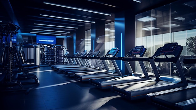 Interior of a fitness hall with treadmills