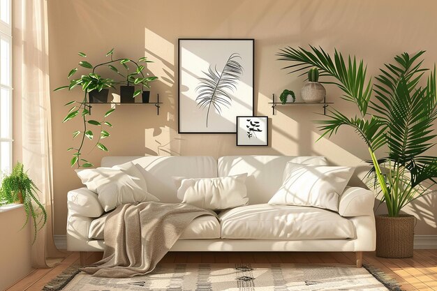 Внутренний фрагмент современной гостиной с удобным диваном, комнатными растениями и полками