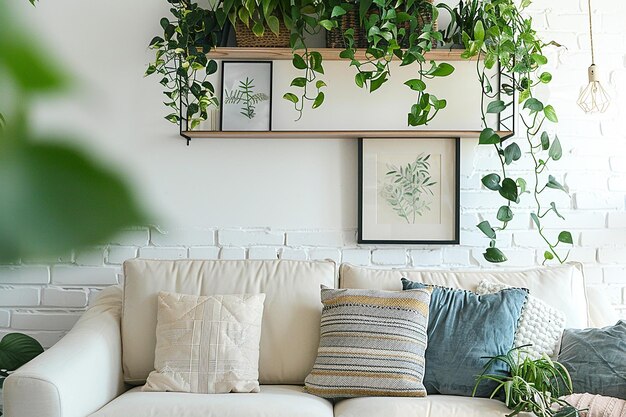 Interior fragment of a modern living room with a comfortable sofa houseplants and shelves