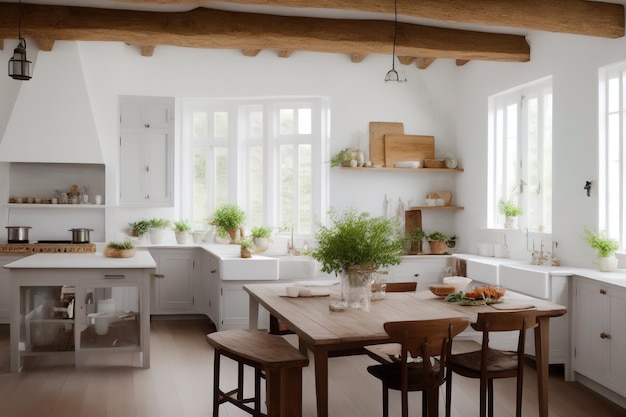 Interior french kitchen in a rustic chic country home