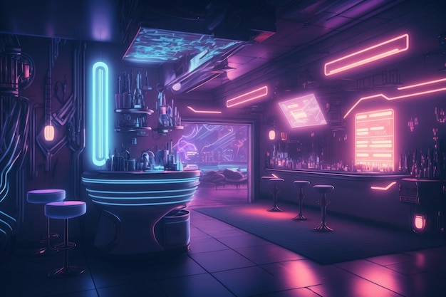 Interior of futuristic cyberpunk nightclub with bar and neon lighting