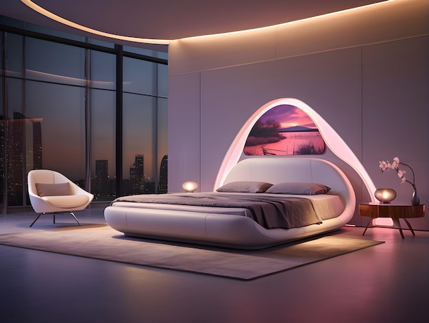 Interior of a futuristic luxury bedroom with bed neon light abstract painting ceiling design