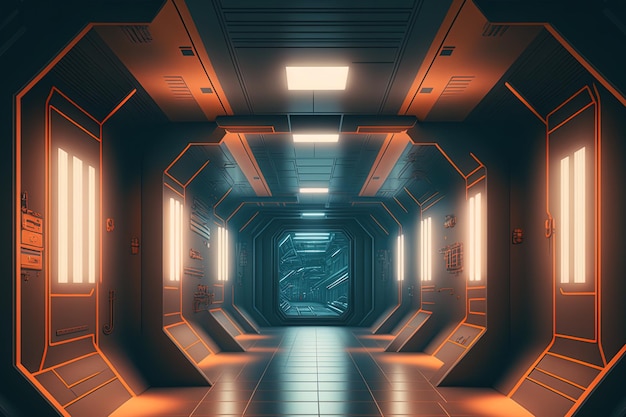 Interior of a futuristic space station corridor