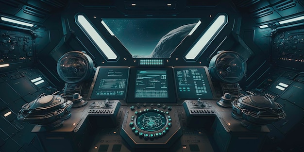 The interior of a futuristic spaceship cockpit with advanced control panels and technology