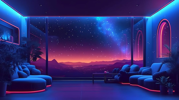 Photo interior of galactic lounge hologram living room with a holographic effe vr concept idea neon glow