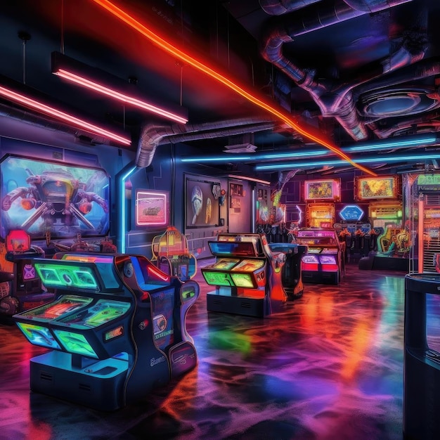 Interior of a gaming club with neon lights