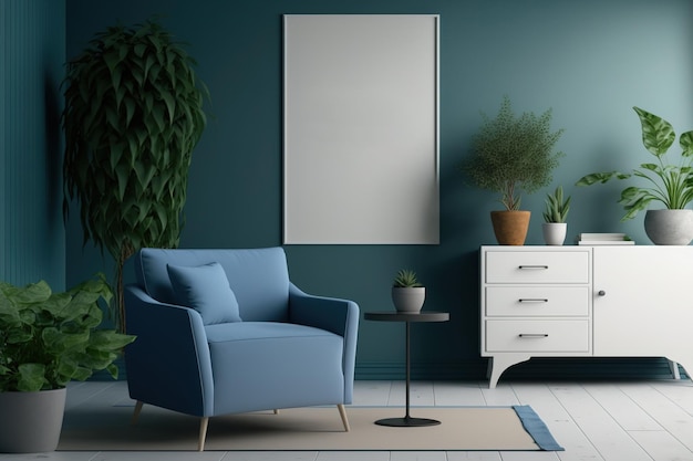 Interior of a green living room with a blue armchair a dresser holding a plant in a pot and a vertical poster leaning against a door the mock up