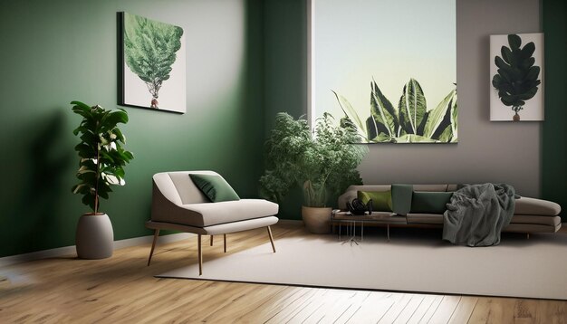 Interior green wall with green sofa and green armchair in living room