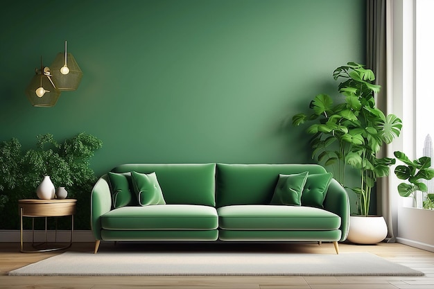 Interior green wall with green sofa in living room