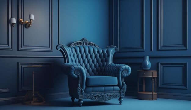 The interior has a armchair on empty blue wall background Generative AI