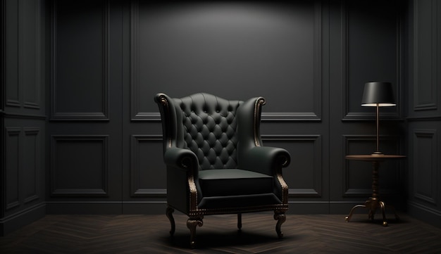 インテリアには、空の暗い壁の背景に肘掛け椅子があります。