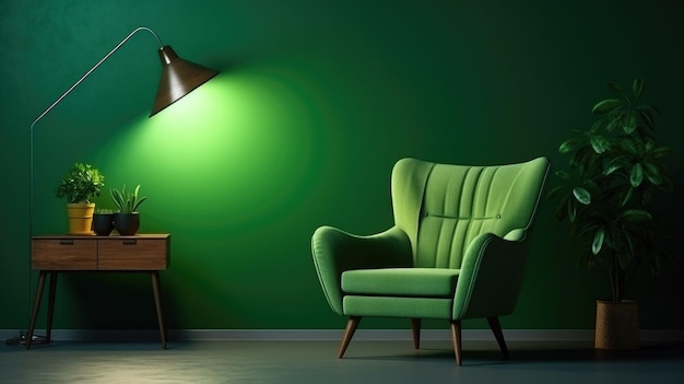 The interior has a armchair on empty green wall background green