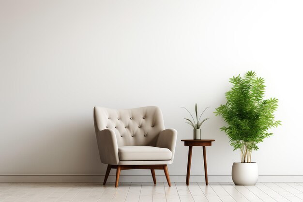The interior has a armchair on empty white wall background