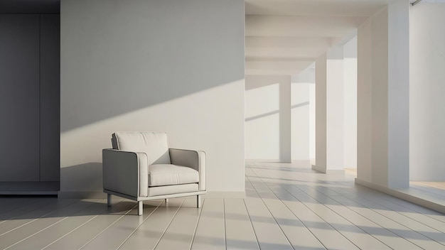 The interior has a armchair on empty white wall