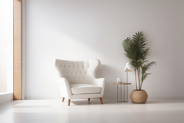 The interior has a armchair on empty white wall