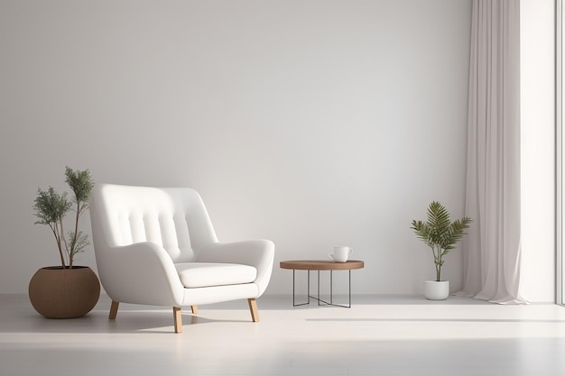 The interior has a armchair on empty white wall